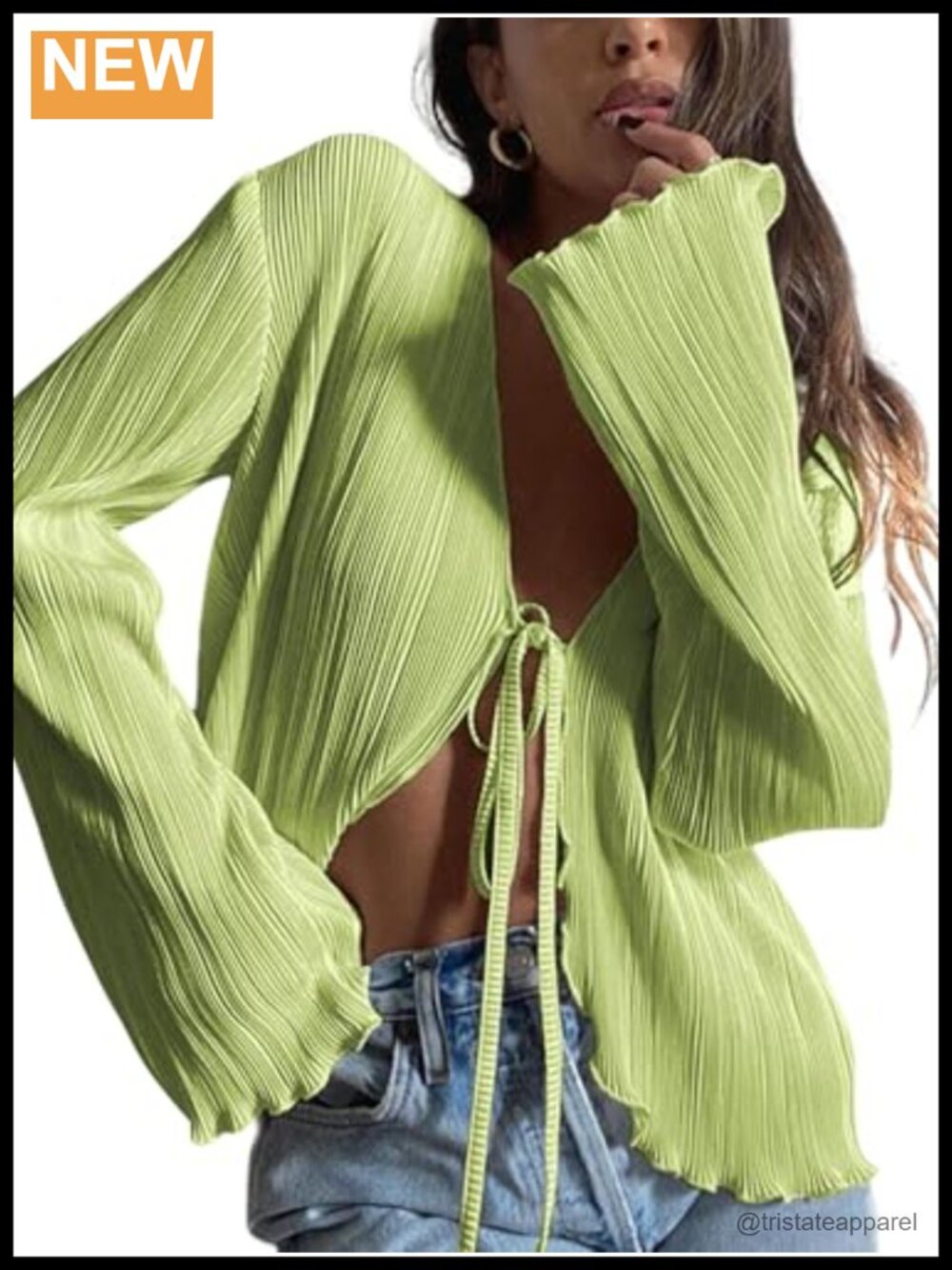 Women's Tie Front Bell Sleeve Blouse Pleated V-Neck Long Sleeve Top
